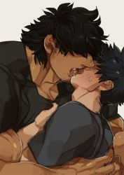 Rule 34 | 2boys, bara, beard, black hair, blush, clothes pull, covered eyes, facial hair, french kiss, hug, kiss, large pectorals, male focus, manly, marototori, multiple boys, muscular, open mouth, original, pectorals, saliva, shirt pull, sweat, tongue, tongue out, upper body, yaoi