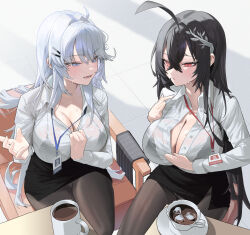 Rule 34 | 2girls, absurdres, black bra, black hair, blue eyes, bra, bra visible through clothes, breasts, chair, cleavage, coffee, collared shirt, cup, hair between eyes, highres, iced coffee, lanyard, large breasts, mug, multiple girls, office lady, on chair, original, pantyhose, red eyes, rima (0136), see-through, see-through shirt, shirt, sitting, skirt, sweat, unbuttoned, unbuttoned shirt, underwear, white hair, white shirt