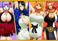 Rule 34 | 4girls, arms behind head, arms up, baccarat (one piece), black hair, blue eyes, breasts, carina (one piece), cleavage, dress, green eyes, huge breasts, jewelry, large breasts, long dress, long hair, multiple girls, nami (one piece), necklace, nico robin, one piece, one piece film: gold, orange hair, pearl necklace, purple hair, qdoujin (pixiv44648813), red hair, smile, sunglasses, tattoo, tinted eyewear, yellow-tinted eyewear, yellow-tinted glasses