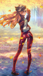 Rule 34 | 1girl, absurdres, ass, autumn, autumn leaves, blue eyes, bodysuit, bodysuit under clothes, cameltoe, cropped, full body, hand on pocket, hat, highres, jacket, looking at viewer, looking back, neon genesis evangelion, orange hair, plugsuit, ray tang, red bodysuit, serious, shiny clothes, solo, source request, souryuu asuka langley, sunlight, wide hips