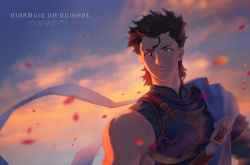 Rule 34 | 1boy, armor, black hair, blue cape, brown eyes, cape, character name, dated, diarmuid ua duibhne (saber) (fate), fate/grand order, fate/zero, fate (series), hair between eyes, highres, diarmuid ua duibhne (lancer) (fate), looking at viewer, lost elle, male focus, mole, mole under eye, outdoors, petals, smile, solo, sunset, upper body
