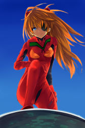 Rule 34 | 10s, 1girl, absurdres, ass, bandages, blue background, blue eyes, blue sky, bodysuit, bracer, breasts, brll, closed mouth, day, evangelion: 3.0 you can (not) redo, eyepatch, floating hair, gloves, hair between eyes, hair ornament, headgear, highres, knee up, light smile, long hair, looking at viewer, neon genesis evangelion, orange hair, outdoors, pilot suit, plugsuit, rebuild of evangelion, red bodysuit, skinny, sky, small breasts, smile, solo, souryuu asuka langley, tape, turtleneck, wide hips