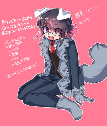 Rule 34 | 1other, androgynous, animal ears, brown vest, coat, collared shirt, commentary request, dog ears, dog tail, employee (project moon), eyes visible through hair, fang, fur-trimmed coat, fur trim, glasses, gloves, grey coat, grey footwear, grey gloves, grey pants, highres, kawaii inu5, lobotomy corporation, multicolored hair, necktie, open clothes, open coat, open mouth, other focus, outline, pants, pink background, pink eyes, pink hair, project moon, purple hair, red necktie, shirt, short hair, simple background, sitting, sketch, smile, solo, tail, translation request, vest, white outline, white shirt