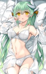 Rule 34 | 1girl, bare shoulders, blush, bra, breasts, cleavage, collarbone, dragon girl, dragon horns, fate/grand order, fate (series), green hair, highres, horns, kiyohime (fate), large breasts, long hair, long sleeves, looking at viewer, lying, morizono shiki, navel, off shoulder, on back, panties, parted lips, pillow, shirt, smile, solo, thighhighs, underwear, white bra, white panties, white shirt, white thighhighs, yellow eyes