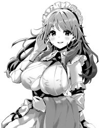 Rule 34 | 1girl, azur lane, azur lane: slow ahead, blush, breasts, charybdis (azur lane), clothing cutout, gloves, greyscale, hori (hori no su), large breasts, long hair, looking at viewer, maid headdress, monochrome, official art, sideboob, simple background, smile, white background