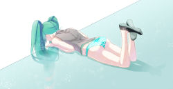 Rule 34 | 1girl, aqua panties, ass, bare shoulders, flats, green hair, hatsune miku, legs up, long hair, looking down, lying, no pants, nokuran, on stomach, panties, reflection, see-through, solo, striped clothes, striped panties, twintails, underwear, vocaloid