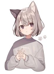 Rule 34 | 1girl, animal ear fluff, animal ears, blush, cat ears, cat girl, closed mouth, clothes writing, commentary request, cropped torso, elbow gloves, gloves, grey hair, grey sweater, long sleeves, looking back, open mouth, original, purple hair, short sleeves, shugao, simple background, solo, sweater, upper body