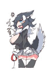 Rule 34 | 100maru, 1girl, anger vein, animal ears, black hair, blue eyes, blush, breasts, collar, commentary, fur collar, gloves, grey wolf (kemono friends), heterochromia, highres, holding, holding leash, kemono friends, large breasts, leash, long hair, long sleeves, low neckline, multicolored hair, necktie, skirt, solo, tail, thighhighs, two-tone hair, white hair, wolf ears, wolf girl, wolf tail, yellow eyes, zettai ryouiki