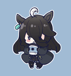 Rule 34 | 1girl, ahoge, animal ears, black gloves, black hair, black jacket, black pantyhose, black skirt, blue background, blush stickers, chibi, coffee cup, commentary request, cup, disposable cup, eyes visible through hair, full body, gloves, hair over one eye, highres, holding, holding cup, horse ears, jacket, long hair, manhattan cafe (umamusume), nozo (hitomiz), open clothes, open jacket, outline, pantyhose, pleated skirt, shoes, simple background, skirt, solo, umamusume, very long hair, white footwear, white outline