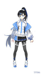 Rule 34 | 1girl, absurdres, arms at sides, black hair, blue eyes, blue hair, full body, game console, hair ornament, hairclip, highres, jacket, long hair, looking at viewer, multicolored hair, off-shoulder jacket, off shoulder, original, personification, photoshop (medium), playstation 5, ponytail, shoes, skirt, sneakers, solo, soyoong jun, two-tone hair, very long hair