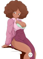 Rule 34 | 1girl, absurdres, afro, alternate breast size, arm support, arms under breasts, big hair, black hair, bra, breasts, brown hair, caisama, dark skin, dragon ball, dragon ball super, dragon ball super super hero, highres, invisible floor, janet (dragon ball), large breasts, looking at another, looking to the side, one breast out, open clothes, open shirt, shiny skin, simple background, smile, standing, sweater, teacher, underwear, wide hips