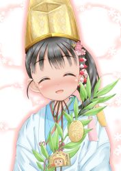Rule 34 | 1girl, :d, ^ ^, argyle, argyle clothes, argyle hat, black hair, blue kimono, blush, closed eyes, coin, commentary request, ema, facing viewer, floral background, fukuyama mai, gold, hat, highres, ichihara nina, idolmaster, idolmaster cinderella girls, idolmaster cinderella girls starlight stage, japanese clothes, kimono, koban (gold), long hair, open mouth, regular mow, smile, solo, upper body, yellow hat