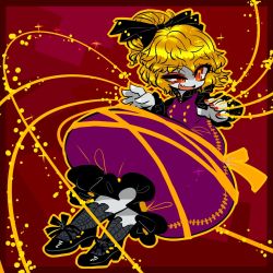 Rule 34 | 1girl, black bow, blonde hair, bow, dress, hair bow, highres, kurodani yamame, nail polish, no nose, open mouth, pale skin, purple dress, red background, red eyes, red nails, silk, solo, spider web, touhou, yt (wai-tei)