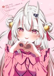 Rule 34 | 1girl, alternate costume, bell, blush, commentary request, double bun, hair bell, hair bun, hair ornament, heart, heart hands, highres, hololive, horns, kawaikute gomen (honeyworks), long hair, long sleeves, looking at viewer, multicolored hair, nakiri ayame, pink background, pome charo, red eyes, red hair, skin-covered horns, solo, streaked hair, tongue, tongue out, translation request, upper body, virtual youtuber, white hair, youtube logo