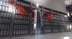 Rule 34 | 1boy, 3d, angel, bag, belt, blood, blood splatter, bloody wings, blue necktie, bottle, can, closed mouth, coat, convenience store, doctor, ghost, hair between eyes, halo, highres, holding, holding bag, holding can, id card, indoors, ishida (segu ishida), lab coat, lanyard, looking at viewer, male focus, necktie, original, plastic bag, red eyes, shop, sleeves rolled up, solo, standing, transparent, white coat, white hair, wings