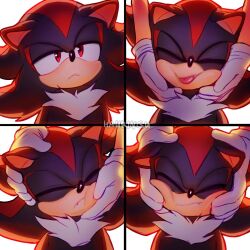 Rule 34 | 2boys, animal ears, animal nose, closed eyes, closed mouth, fang, fang out, furry, furry male, gloves, hands on another&#039;s face, highres, male focus, multiple boys, multiple views, red eyes, shadow the hedgehog, solo focus, sonic (series), sonic the hedgehog, tongue, tongue out, white gloves