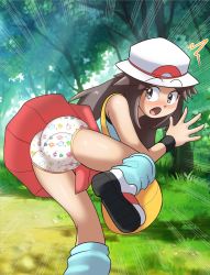 Rule 34 | 1girl, accident, accidental exposure, animal print, aqua shirt, armpits, ass, bag, bare shoulders, blush, breasts, brown eyes, brown hair, creatures (company), day, embarrassed, euf-dreamer, eyelashes, female focus, fingernails, forest, from behind, game freak, gen 1 pokemon, hand up, hat, highres, leaf (pokemon), leg warmers, legs, long hair, looking at viewer, looking back, matching hair/eyes, miniskirt, motion lines, nature, neck, nintendo, open mouth, outdoors, panties, parted bangs, pokemon, pokemon frlg, porkpie hat, print panties, red skirt, shiny clothes, shiny skin, shirt, sidelocks, skirt, sleeveless, sleeveless shirt, small breasts, socks, standing, standing on one leg, sunlight, thighs, tree, tripping, turning head, two-tone footwear, two-tone shirt, underwear, white headwear, wristband
