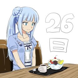 Rule 34 | 1girl, anmitsu (dessert), blue shirt, blunt bangs, chair, closed mouth, coffee, collarbone, dot nose, eyelashes, frilled shirt, frills, hair bun, highres, idolmaster, idolmaster million live!, idolmaster million live! theater days, long hair, matcha kingyo, open clothes, open shirt, parted bangs, plate, ribbon, shiraishi tsumugi, shirt, short sleeves, side ponytail, sidelocks, simple background, single hair bun, solo, sweat, syrup, table, upper body, v-shaped eyebrows, v arms, white background