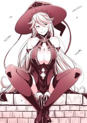 Rule 34 | 1girl, bare shoulders, black dress, black sleeves, black thighhighs, blush, breasts, center opening, cleavage, dress, granblue fantasy, greyscale, hat, large breasts, long hair, looking to the side, magisa (granblue fantasy), monochrome, pelvic curtain, satsuki imonet, shadowverse, shingeki no bahamut, sitting, smile, solo, thighhighs, witch hat