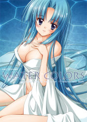 Rule 34 | 1girl, bare shoulders, blue eyes, blue hair, blush, breasts, cleavage, closed mouth, dress, eyebrows, hand on own chest, hasegawa yukino, head tilt, large breasts, looking at viewer, matching hair/eyes, midriff, navel, original, smile, solo, stomach, white dress