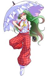 Rule 34 | 1girl, :d, alphes (style), arm behind back, ascot, bare arms, breasts, collared shirt, dairi, eyebrows, facing viewer, full body, green eyes, green hair, hair between eyes, head tilt, highres, holding, holding umbrella, kazami yuuka, kazami yuuka (pc-98), leg up, long hair, looking away, medium breasts, open clothes, open mouth, open vest, pants, parody, plaid, plaid pants, plaid vest, puffy short sleeves, puffy sleeves, red pants, red vest, shirt, short sleeves, smile, socks, solo, style parody, touhou, touhou (pc-98), transparent background, umbrella, very long hair, vest, white shirt, white socks, white umbrella, yellow ascot
