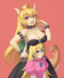Rule 34 | 2girls, :3, :d, armlet, black dress, black nails, blonde hair, blue eyes, bowsette, bracelet, breast rest, breasts, breasts on head, cleavage, collar, cristalavi, crown, dress, earrings, fang, gem, gloves, hair between eyes, hair down, hand on own hip, highres, horns, jewelry, large breasts, long hair, looking at viewer, mario (series), multiple girls, nail polish, new super mario bros. u deluxe, nintendo, ojou-sama pose, open mouth, pink dress, pointy ears, princess peach, puffy short sleeves, puffy sleeves, purple eyes, red background, short sleeves, smile, smug, spiked armlet, spiked bracelet, spiked collar, spiked shell, spiked tail, spikes, strapless, strapless dress, super crown, tail, tears, turtle shell, white gloves