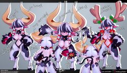 Rule 34 | 1girl, 3d, :o, absurdres, alternate costume, animal legs, ass, back, big horns, black hair, breasts, cell-shading, censored, christmas, christmas costume, cow girl, deer horns, disgaea, disgaea 6, english text, evil eye (disgaea), fake horns, full body, furry, highres, horns, large breasts, long ears, mistletoe, mistletoe hair ornament, model sheet, multicolored hair, pincer, pincers, red eyes, red nose, tail, two-tone hair, white hair, zy0n7