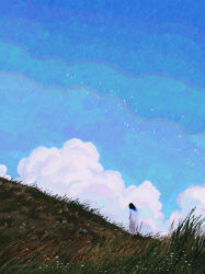 1girl absurdres bird black_hair blue_sky cloud dress fangpeii grass highres long_hair original scenery sky solo white_dress