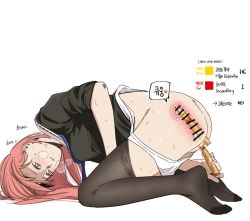 Rule 34 | 1girl, bad id, bad pixiv id, bar censor, black shirt, black thighhighs, blue necktie, blush, breath, bullet, censored, english text, female focus, female masturbation, girls&#039; frontline, huqu, kneeling, korean commentary, korean text, long hair, long sleeves, masturbation, necktie, ntw-20 (girls&#039; frontline), object insertion, panties, panty pull, pink eyes, pink hair, pussy juice, pussy juice trail, shirt, simple background, sleeves pushed up, solo, speech bubble, sweat, thighhighs, translation request, underwear, upside-down, uterus, vaginal, vaginal object insertion, white background, white shirt, x-ray