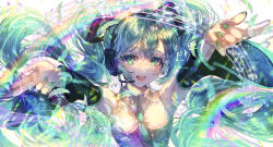 Rule 34 | 1girl, :d, absurdres, aqua necktie, armpits, black sleeves, blue hair, collared shirt, commentary, detached sleeves, floating hair, green eyes, green nails, grey shirt, hair between eyes, hatsune miku, headphones, headset, highres, long hair, long sleeves, looking at viewer, microphone, miku day, nail polish, necktie, open mouth, outstretched arms, pinapo 25, shirt, sleeveless, sleeveless shirt, smile, solo, upper body, very long hair, vocaloid, wing collar