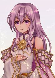 Rule 34 | 1girl, bare shoulders, cape, circlet, dress, fire emblem, fire emblem: genealogy of the holy war, fire emblem heroes, highres, jewelry, julia (crusader of light) (fire emblem), julia (fire emblem), long hair, looking at viewer, nintendo, purple cape, purple eyes, purple hair, run illust, simple background, smile, solo, wide sleeves
