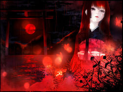 Rule 34 | 1girl, black border, black hair, black kimono, blood, blood on face, border, bug, butterfly, commentary request, dark, enma ai, floral print, floral print kimono, flower, full moon, glowing butterfly, hime cut, insect, japanese clothes, jigoku shoujo, kimono, long hair, long sleeves, moon, night, night sky, obi, parted lips, red eyes, red lips, red moon, red theme, sash, sexysinsi2, sidelocks, sky, solo, spider lily, torii, upper body, water