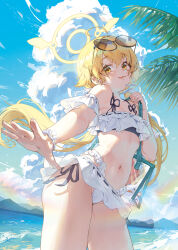 Rule 34 | 1girl, :p, absurdres, ahoge, bag, bikini, blonde hair, blue archive, blue sky, breasts, cloud, commentary, cowboy shot, cumulonimbus cloud, day, eyewear on head, floating hair, frilled bikini, frills, halo, hifumi (blue archive), hifumi (swimsuit) (blue archive), highres, kokko (kokko3045), lens flare, light blush, light rays, long hair, looking at viewer, low twintails, mountainous horizon, navel, ocean, off-shoulder bikini, off shoulder, official alternate costume, open hand, outdoors, outstretched arm, palm tree, peroro (blue archive), ribbon-trimmed bikini, round eyewear, side-tie bikini bottom, sky, small breasts, solo, stomach, sunbeam, sunglasses, sunlight, swimsuit, symbol-only commentary, tongue, tongue out, tote bag, transparent bag, tree, twintails, very long hair, water, white bikini, winged halo, yellow eyes, yellow halo