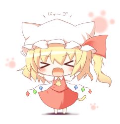 Rule 34 | &gt; &lt;, 1girl, animal ears, blonde hair, cat ears, cat tail, check translation, chibi, closed eyes, fang, flandre scarlet, gaius (nikoniko2), hat, hat ribbon, hat with ears, kemonomimi mode, open mouth, outstretched arms, paw print, ribbon, shirt, side ponytail, skirt, skirt set, solo, tail, touhou, translated, translation request, vest, wings