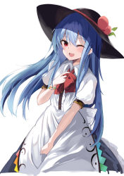 Rule 34 | 1girl, ;d, absurdres, black headwear, blue hair, bow, bowtie, center frills, character name, collarbone, food, frills, fruit, highres, hinanawi tenshi, leaf, long hair, looking at viewer, one eye closed, open mouth, peach, red bow, red bowtie, red eyes, short sleeves, simple background, smile, solo, standing, tetsurou (fe+), touhou, white background