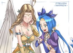 Rule 34 | 2girls, :d, ahoge, animal ears, armlet, bad id, bad pixiv id, bare shoulders, blue hair, braid, breasts, brown hair, cat ears, cat girl, cat tail, character request, circlet, cleavage, closed eyes, closed mouth, commentary request, copyright name, cross-laced clothes, detached sleeves, ear wiggle, unworn eyewear, fang, feathered wings, gloves, gold trim, green eyes, hand up, hands up, highres, holding, holding removed eyewear, huge ahoge, izupix, jewelry, large breasts, long hair, long sleeves, meracle chamlotte, multiple girls, navel, necklace, open mouth, pendant, pointy ears, pom pom (clothes), puffy long sleeves, puffy sleeves, sarah jerand, signature, simple background, smile, sparkle, standing, star ocean, star ocean anamnesis, star ocean the last hope, tail, twin braids, twintails, upper body, very long hair, white background, wings