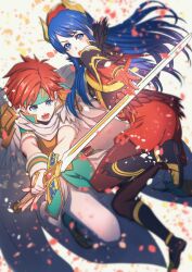 Rule 34 | 1boy, 1girl, aduti momoyama, aqua headband, black feathers, black footwear, blue eyes, blue hair, boots, brown pantyhose, cape, dress, elbow gloves, feathers, fingerless gloves, fire emblem, fire emblem: the binding blade, fire emblem heroes, gloves, headband, highres, holding, holding sword, holding weapon, lilina (fire emblem), nintendo, official alternate costume, open mouth, pantyhose, red dress, red gloves, red hair, red headwear, roy (fire emblem), short dress, sword, v-shaped eyebrows, weapon, white cape, white feathers, white gloves