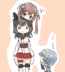 Rule 34 | 10s, 3girls, arm warmers, asagumo (kancolle), bad id, bad pixiv id, black hair, braid, breasts, brown hair, carrying, clinging, detached sleeves, hair ornament, hair ribbon, hairband, headgear, japanese clothes, kantai collection, long hair, miniskirt, multiple girls, nontraditional miko, nuno (pppompon), piggyback, pleated skirt, red skirt, ribbon, school uniform, scrunchie, short hair, short sleeves, shoulder carry, skirt, twintails, yamagumo (kancolle), yamashiro (kancolle)