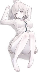 1girl arms_up bare_legs barefoot blunt_bangs blush breasts brown_hair brown_skirt commentary_request convenient_leg curvy danganronpa_(series) danganronpa_2:_goodbye_despair eyebrows_hidden_by_hair eyelashes feet full_body highres large_breasts looking_at_viewer lying medium_hair miniskirt nanami_chiaki neck_ribbon on_back open_clothes parted_lips pink_eyes pink_ribbon pleated_skirt ribbon shirt shiton_(2016sanhime) simple_background skirt sleeves_past_wrists solo thighs toenails toes white_background white_shirt