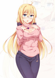 Rule 34 | &gt;:o, 1girl, :o, ahoge, black-framed eyewear, black bow, blonde hair, blue eyes, blue pants, blush, bow, breasts, cleavage, cleavage cutout, clothing cutout, cowboy shot, denim, eyebrows, gem, glasses, hair between eyes, hair bow, hands on own chest, jeans, jewelry, large breasts, legs together, long hair, looking at viewer, meme attire, mmrailgun, necklace, noelle sutherland, open-chest sweater, open mouth, original, pants, pendant, purple gemstone, ribbed sweater, semi-rimless eyewear, solo, standing, sweater, turtleneck, under-rim eyewear, v-shaped eyebrows, zoom layer