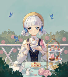 Rule 34 | 1girl, absurdres, ayaka (genshin impact), blue butterfly, blue dress, blue eyes, blue hair, blue sky, blunt bangs, blunt tresses, braided hair rings, brown headwear, bug, butterfly, closed mouth, collar, commentary, creamer (vessel), cup, cupcake, dress, flower, food, genshin impact, hair flower, hair ornament, highres, holding, holding cup, holding saucer, iimice, insect, kamisato ayaka, kamisato ayaka (springbloom missive), light blue hair, long sleeves, looking at viewer, mole, mole under eye, multicolored clothes, multicolored dress, official alternate costume, official alternate hairstyle, outdoors, pink flower, pink rose, red flower, red rose, rose, rose bush, sandwich, saucer, sky, smile, solo, symbol-only commentary, tea set, teacup, teapot, tiered tray, white collar, white dress, white flower