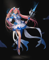 Rule 34 | 1girl, absurdres, blue fire, blue flower, blue rose, breasts, cuchi, detached sleeves, dress, earrings, fantasy, fire, floating, flower, flower earrings, highres, holding, holding lance, holding polearm, holding weapon, jewelry, lance, leaning back, long hair, looking at viewer, original, parted lips, photoshop (medium), pink eyes, pink hair, polearm, rose, single leg pantyhose, small breasts, solo, twintails, very long hair, weapon, white dress
