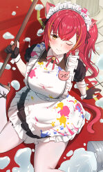 Rule 34 | 1girl, absurdres, accident, animal ears, apron, bandaged arm, bandages, bell, black dress, black footwear, black gloves, black nails, blush, braid, braided bangs, breasts, bucket, carpet, cat ears, cat girl, cat tail, dress, frilled apron, frills, gloves, highres, hyon 2525, large breasts, long hair, looking at viewer, maid, maid apron, maid headdress, mop, neck bell, neck ribbon, nekota tsuna, nekota tsuna (3rd costume), one eye closed, paint, paint splatter, pantyhose, partially fingerless gloves, petticoat, puffy short sleeves, puffy sleeves, red hair, red ribbon, ribbon, short sleeves, side ponytail, sitting, solo, spill, stairs, tail, virtual youtuber, vspo!, wariza, water, white apron, white pantyhose