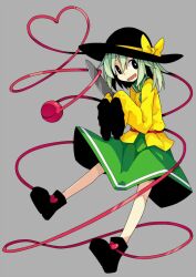 Rule 34 | 1girl, asameshi, black eyes, black footwear, black hat, boots, bow, bright pupils, frilled sleeves, frills, full body, green hair, green skirt, grey background, hat, hat bow, heart, heart of string, holding, holding knife, knife, komeiji koishi, long sleeves, looking at viewer, medium hair, open mouth, sailor collar, shirt, simple background, skirt, sleeves past fingers, sleeves past wrists, smile, solo, third eye, touhou, yellow bow, yellow shirt