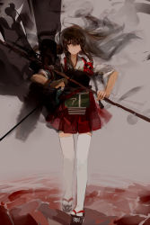 Rule 34 | 10s, 1girl, akagi (kancolle), armor, arrow (projectile), bow (weapon), brown eyes, brown hair, custom (cus-tom), flight deck, gloves, highres, japanese clothes, kantai collection, long hair, miko, single glove, solo, thighhighs, weapon, white thighhighs, zettai ryouiki