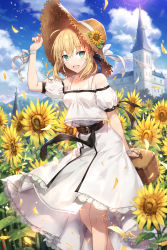 Rule 34 | 1girl, :d, arm behind back, arm up, artoria pendragon (all), artoria pendragon (fate), belt, belt buckle, black belt, blonde hair, blush, breasts, brown hat, buckle, building, commentary request, detached sleeves, dress, fate/grand order, fate (series), feet out of frame, field, flower, flower field, gabiran, green eyes, hair between eyes, hand on headwear, hat, hat flower, holding, looking at viewer, official alternate costume, open mouth, puffy short sleeves, puffy sleeves, saber (fate), shirt, short sleeves, small breasts, smile, solo, standing, straw hat, sunflower, sunflower field, white dress, white shirt, white sleeves, yellow flower