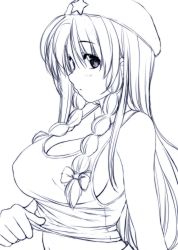 Rule 34 | 1girl, bare shoulders, beret, blush, bow, braid, breasts, cleavage, clothes lift, commentary request, greyscale, hair between eyes, hair bow, hat, hong meiling, large breasts, lifting own clothes, long hair, looking at viewer, midriff, monochrome, navel, nori tamago, shirt lift, simple background, sketch, solo, star (symbol), stomach, tank top, touhou, twin braids, unfinished, upper body, white background