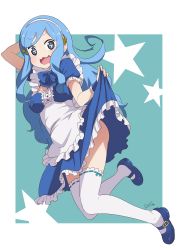 Rule 34 | + +, 10s, 1girl, :3, :d, absurdres, apron, blue eyes, blue hair, blush, clothes lift, dress, frills, hairband, highres, himouto! umaru-chan, lifting own clothes, long hair, maid, maid apron, mary janes, matching hair/eyes, open mouth, ribbon-trimmed legwear, ribbon trim, shoes, simple background, skirt, skirt lift, smile, solo, symbol-shaped pupils, tachibana sylphynford, takada sekiyu (kabu), thighhighs, very long hair, white thighhighs