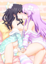 Rule 34 | 10s, 2girls, alternate costume, black hair, blush, bottomless, breasts, choujigen game neptune mk2, eye contact, female focus, french kiss, hair ornament, hair ribbon, holding, holding hands, interlocked fingers, kiss, long hair, looking at another, mizunashi (second run), multiple girls, nepgear, neptune (series), nipples, no bra, no panties, off shoulder, open pajamas, pajamas, pom pom (clothes), purple eyes, purple hair, pussy juice, red eyes, ribbon, small breasts, striped, striped background, uni (neptunia), yuri