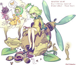 Rule 34 | 10s, 2012, 2girls, ahoge, bare legs, black hair, bow, bracelet, character request, copyright name, dated, dress, english text, eryi, eryi&#039;s action, fairy wings, farta, fishing rod, food, fruit, full body, green dress, green hair, hair bow, innertube, jewelry, leaf, long sleeves, looking at another, looking down, melon, multiple girls, open mouth, profile, propeller, spoken squiggle, squiggle, stuffed animal, stuffed toy, sweatdrop, swim ring, thank you, thought bubble, watermark, web address, white background, wings, yagiaji, yanagi yagiaji